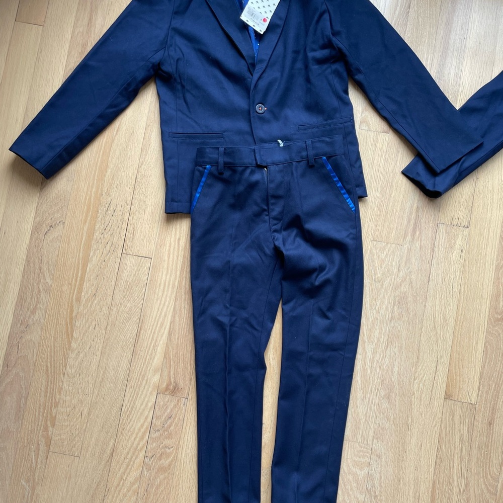 Boy navy blue matching suit with royal blue satin accents - ideal ceremony - $40